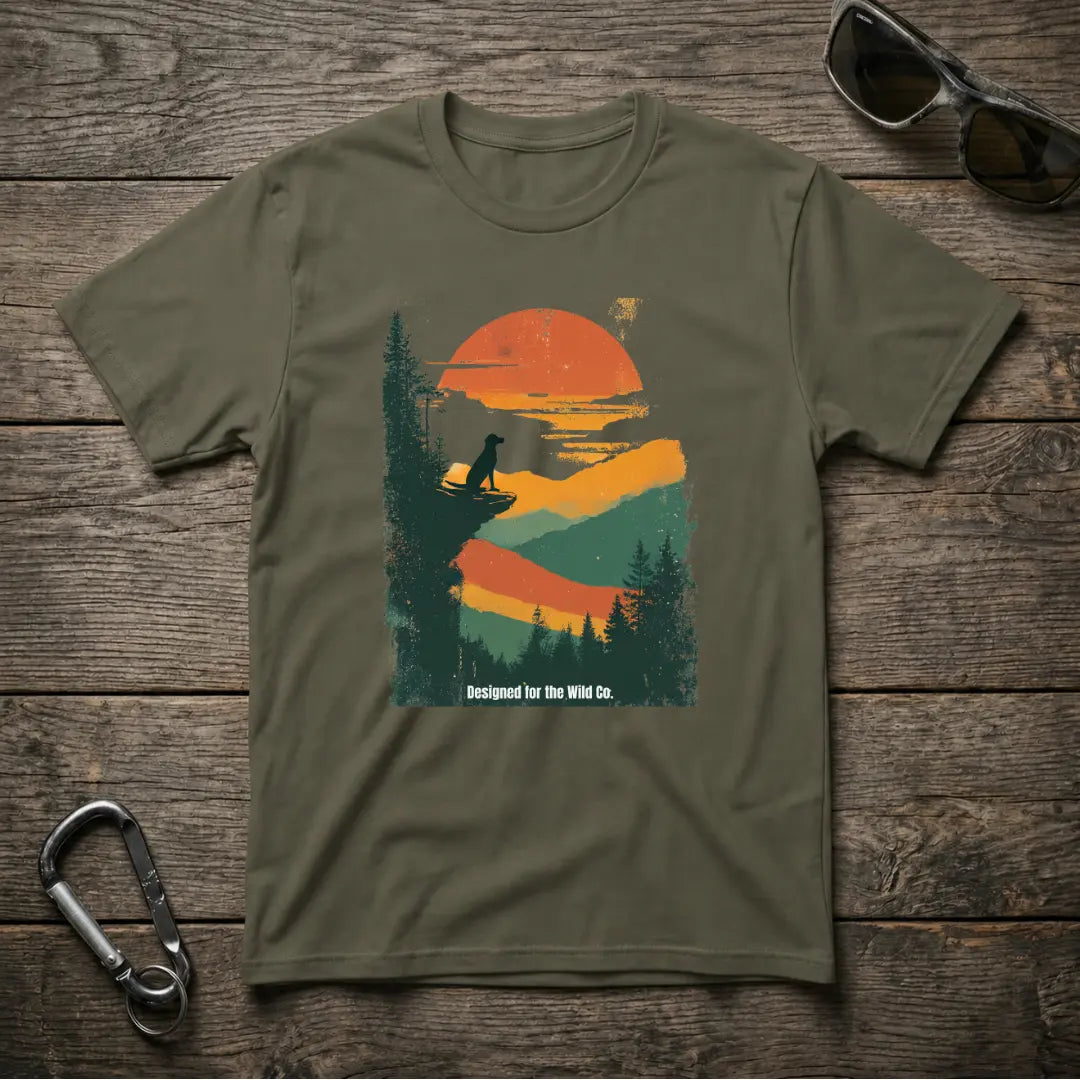 Military green Sunset Dogwatch graphic T-shirt by Designed For The Wild Co, featuring a detailed outdoor-themed design on soft cotton fabric.