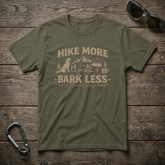 Military green graphic T-shirt by Designed For The Wild Co featuring "Hike More, Bark Less" slogan on soft cotton fabric.