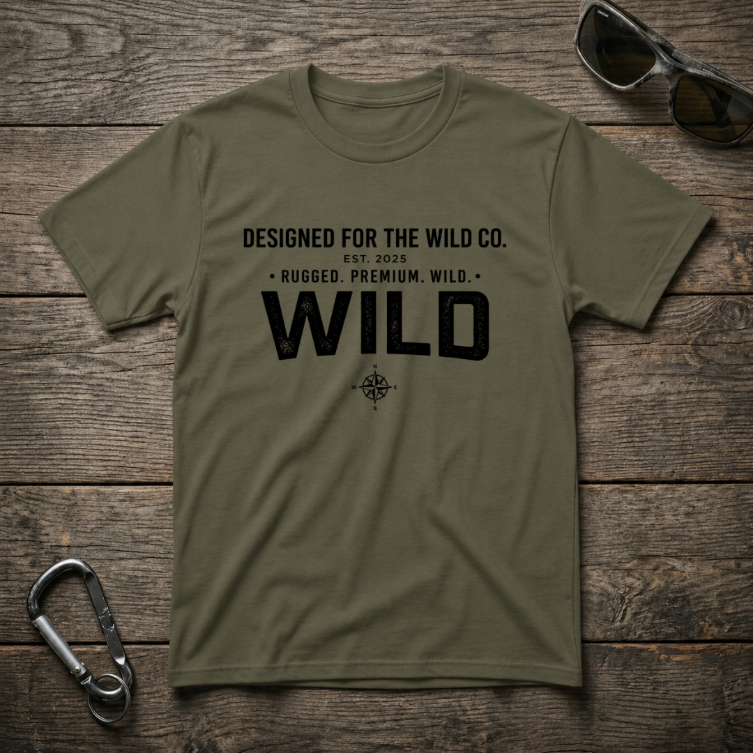 Military green Designed for the Wild Co. logo heavyweight graphic T-shirt with bold front print.