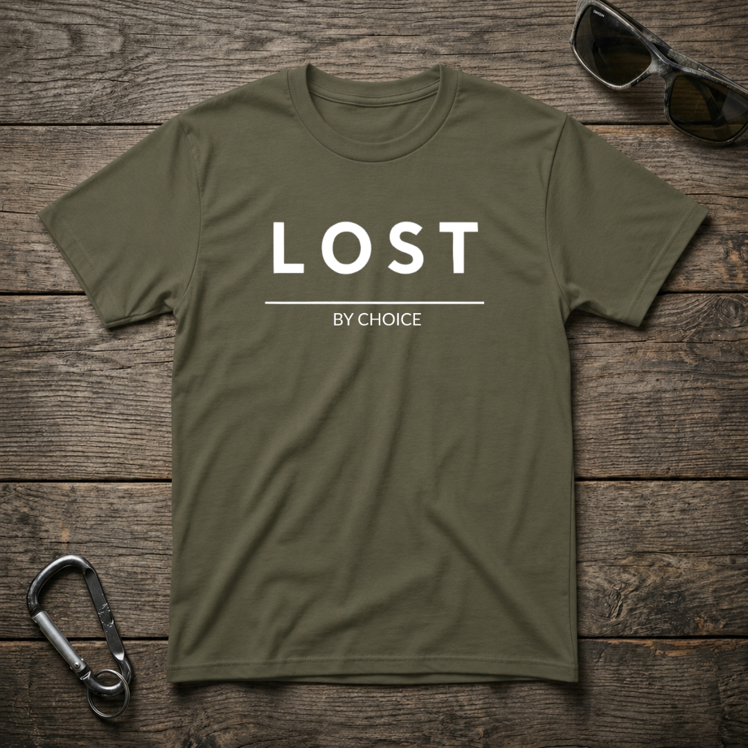Military green Lost By Choice heavyweight graphic T-shirt by Designed For The Wild Co featuring bold print and casual fit.