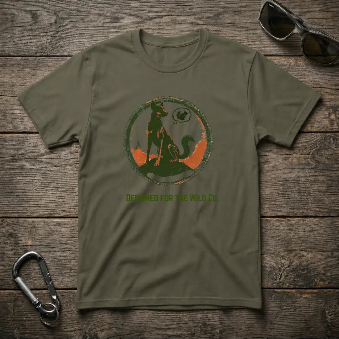Military green squirrel graphic T-shirt by Designed For The Wild Co, casual dog-themed graphic T-shirt for outdoor enthusiasts.