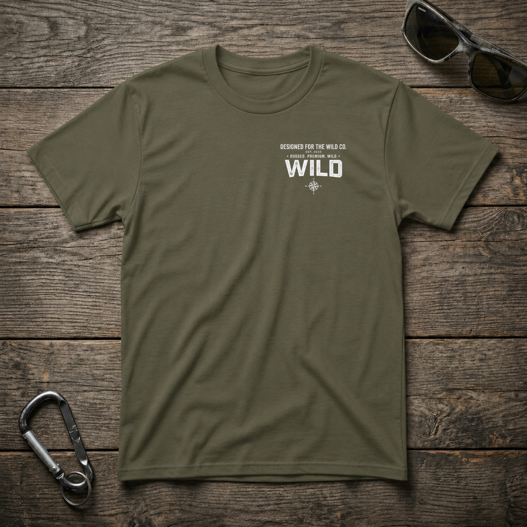 Military green Explore The Wild Heavyweight Graphic T-Shirt by Designed For The Wild Co, featuring a rugged outdoor-inspired design.