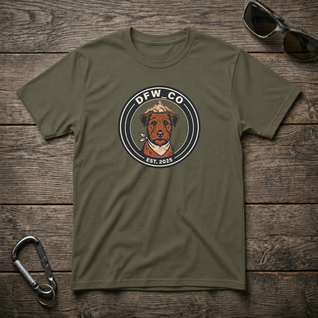 Military green Schnauzer Trail Club graphic heavyweight T-shirt by Designed For The Wild Co featuring a detailed Schnauzer illustration.