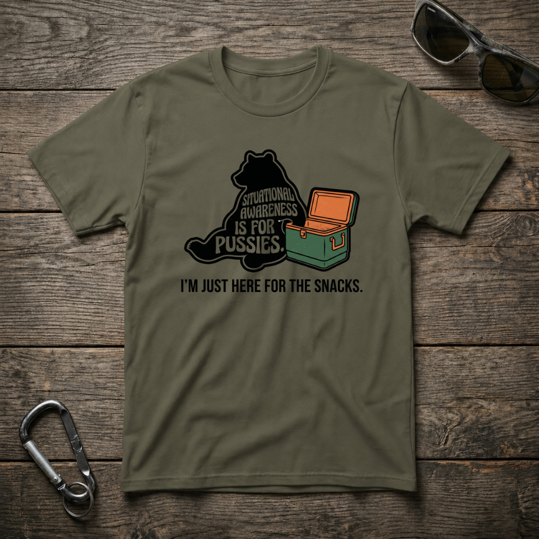 Military green Situational Awareness Bear graphic Softstyle T-Shirt by Designed For The Wild Co featuring a detailed bear illustration.