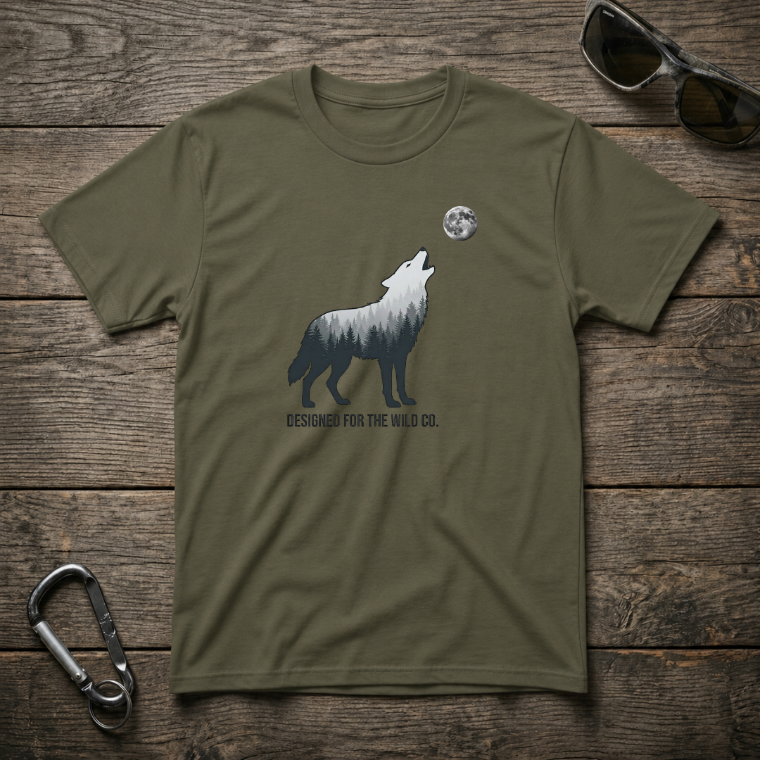 Military green Wild Wolf Trail heavyweight graphic T-shirt by Designed For The Wild Co featuring a wolf design on the front.