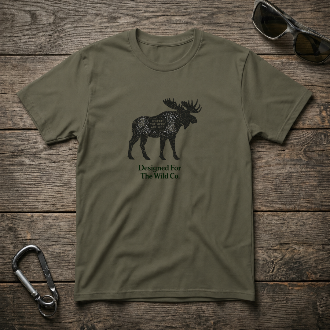 Military green Moose Trail Badge graphic T-shirt by Designed For The Wild Co featuring a nature-inspired wildlife design.