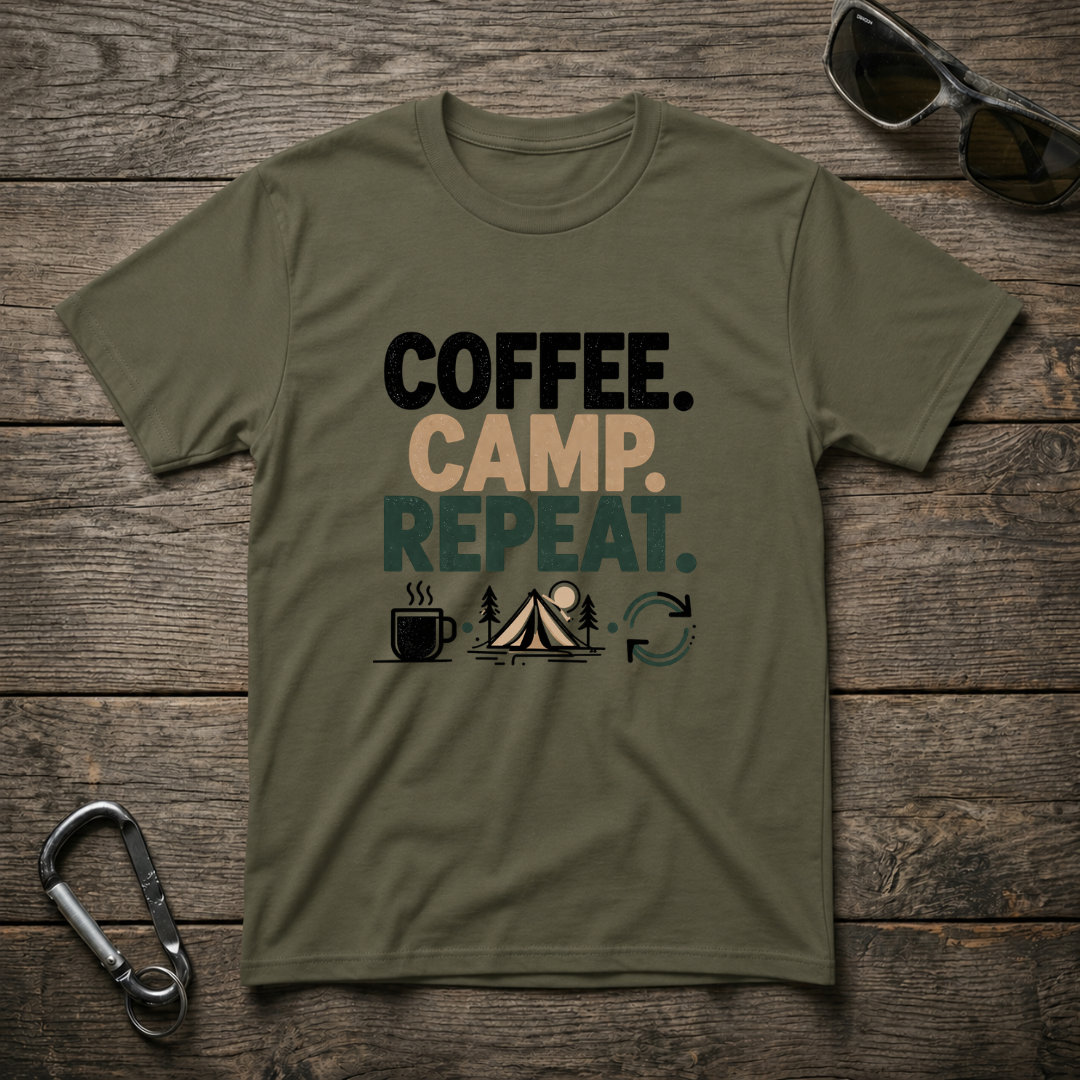 Military green graphic T-shirt by Designed For The Wild Co featuring "Camp. Coffee. Repeat." printed design.
