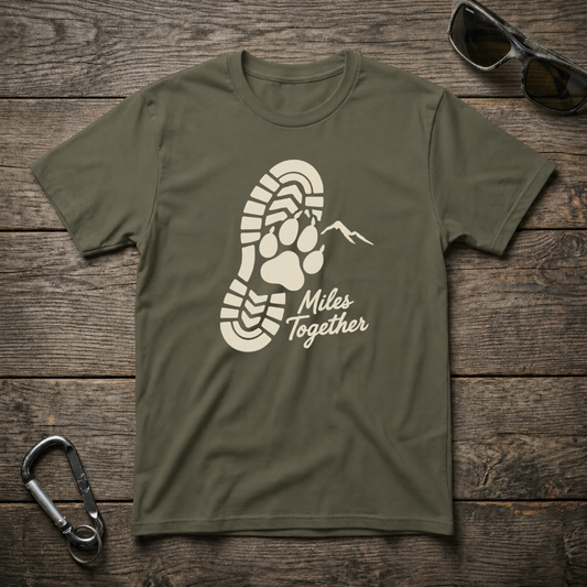 Military green Miles Together Paw graphic softstyle T-shirt by Designed For The Wild Co with paw print design.