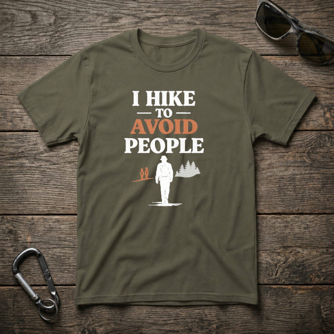 Military green I Hike to Avoid People graphic T-shirt by Designed For The Wild Co, casual softstyle tee with outdoor-themed design.