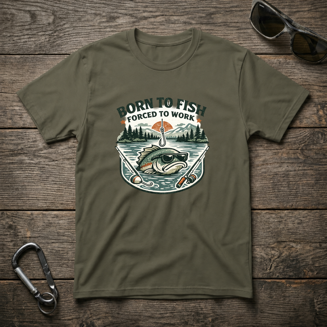 Military green Born to Fish, Forced to Work graphic softstyle T-shirt by Designed For The Wild Co, featuring fishing and work-themed design.