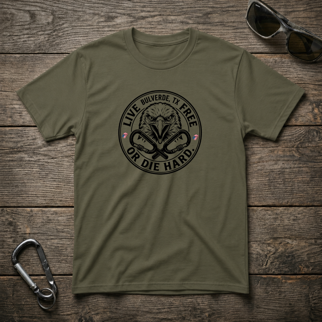 Military green graphic T-shirt from Designed For The Wild Co with "Live Free Or Die Hard" print on the front.