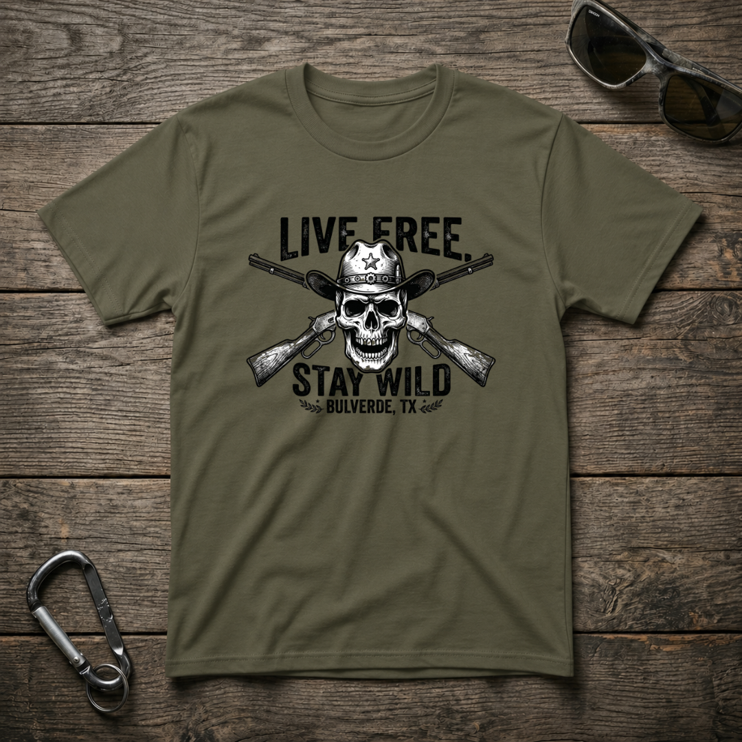 Military green graphic T-shirt by Designed For The Wild Co featuring a "Live Free Stay Wild" design on heavyweight cotton.