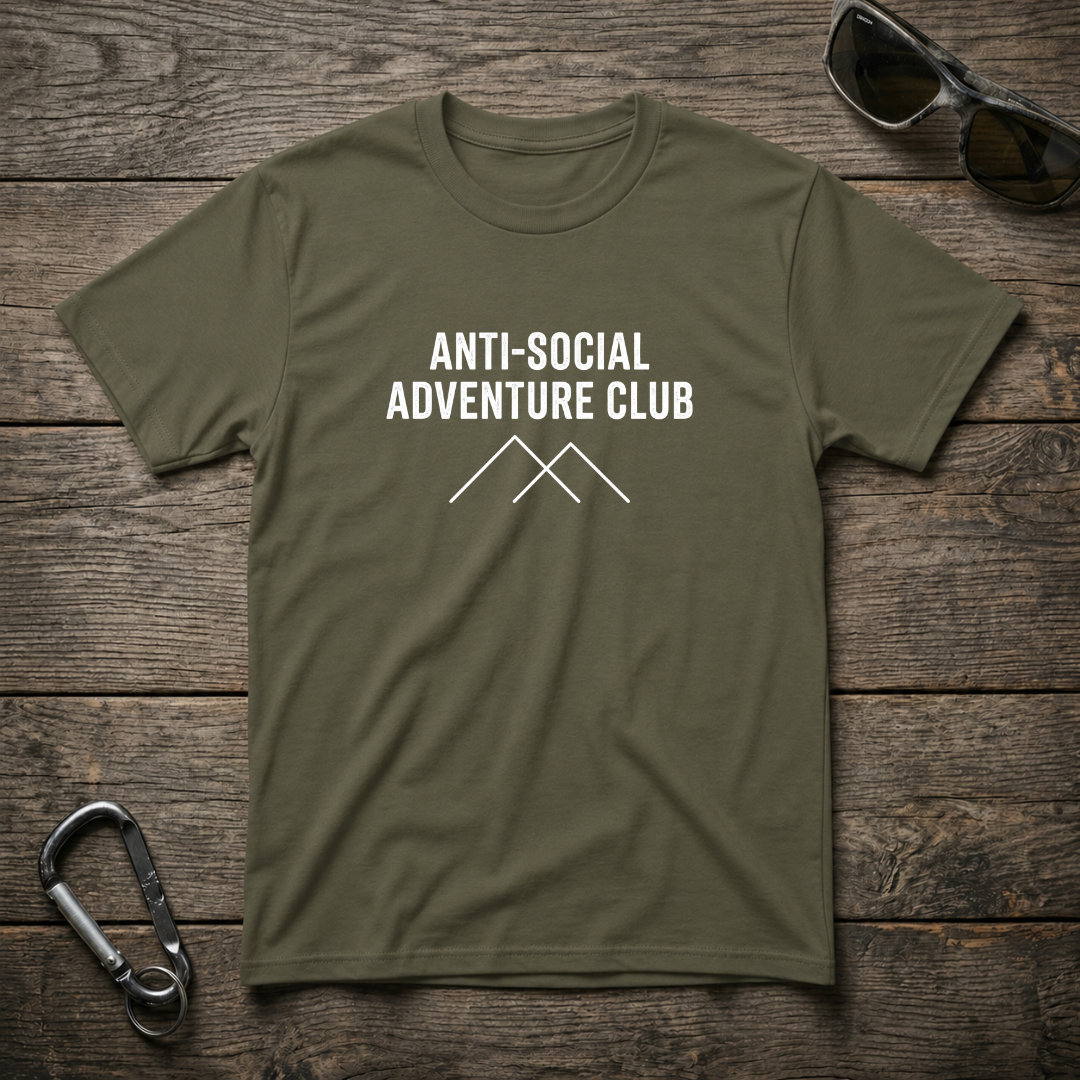 Military green Anti-Social Adventure Club heavyweight graphic T-shirt by Designed For The Wild Co, featuring bold printed design.