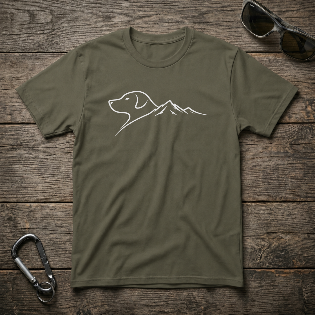Military green graphic T-shirt for dogs and mountain trails by Designed For The Wild Co, featuring outdoor adventure-inspired design.