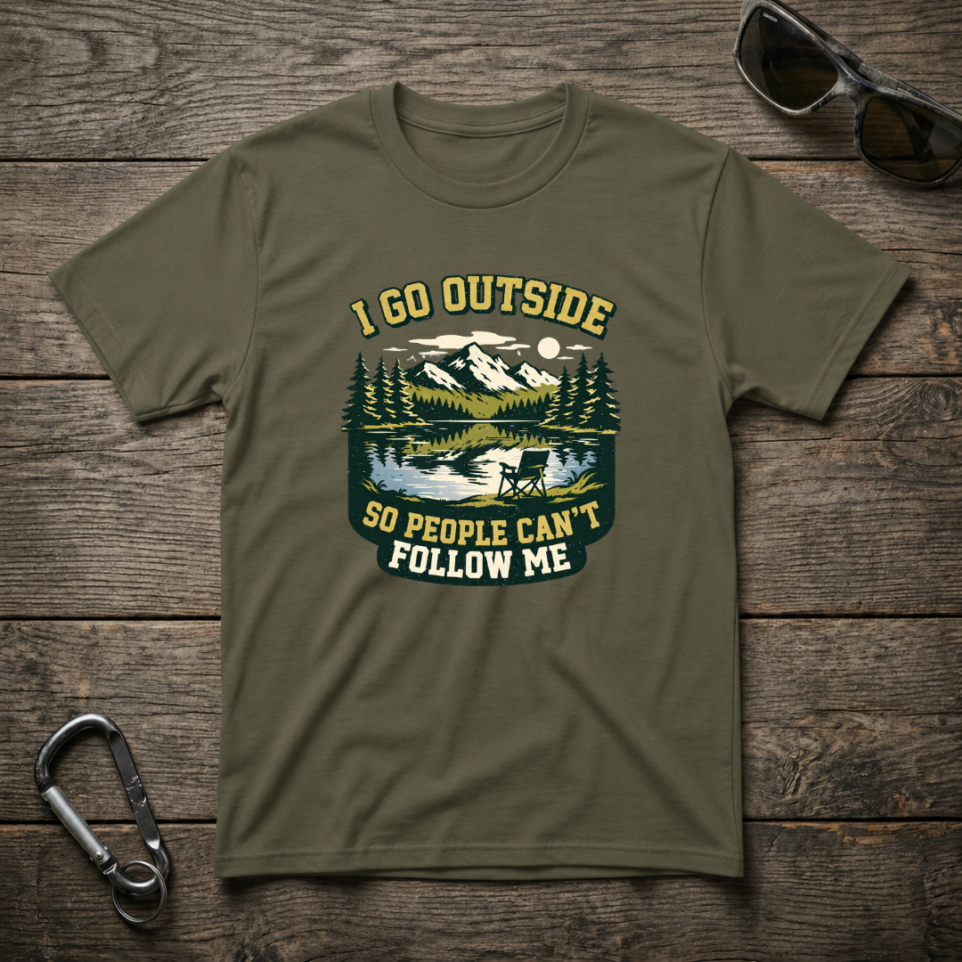 Military green I Go Outside heavy-weight graphic T-shirt by Designed For The Wild Co, featuring outdoor-themed design and durable fabric.