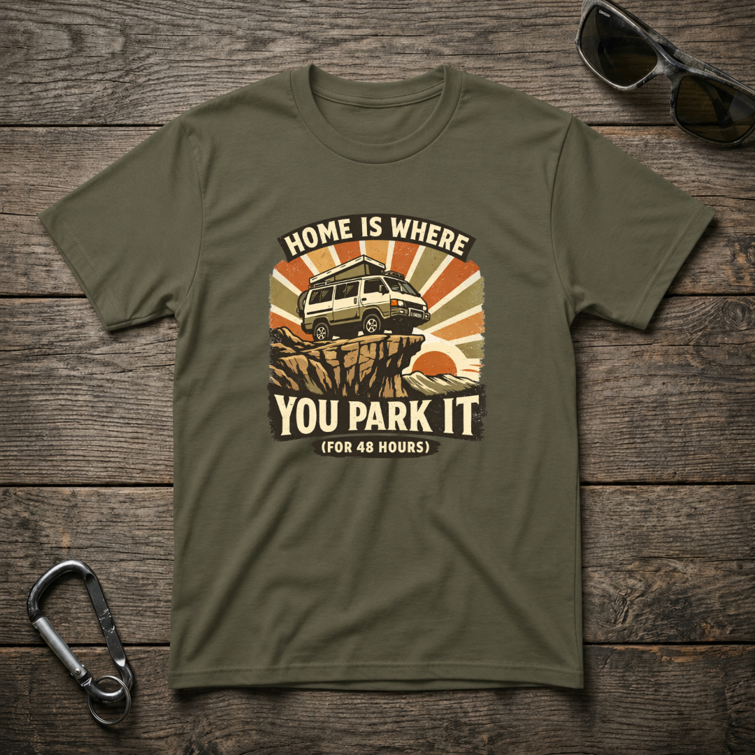 Military green graphic T-shirt from Designed For The Wild Co with "Home Is Where You Park It" slogan and vehicle illustration.