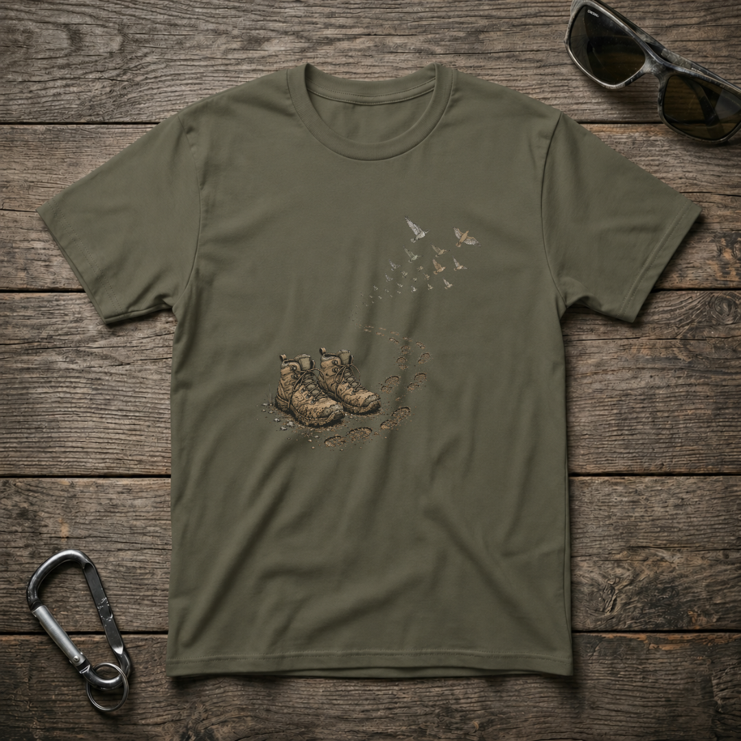 Military green graphic T-shirt by Designed For The Wild Co featuring a stylish boots walking design on soft cotton fabric.