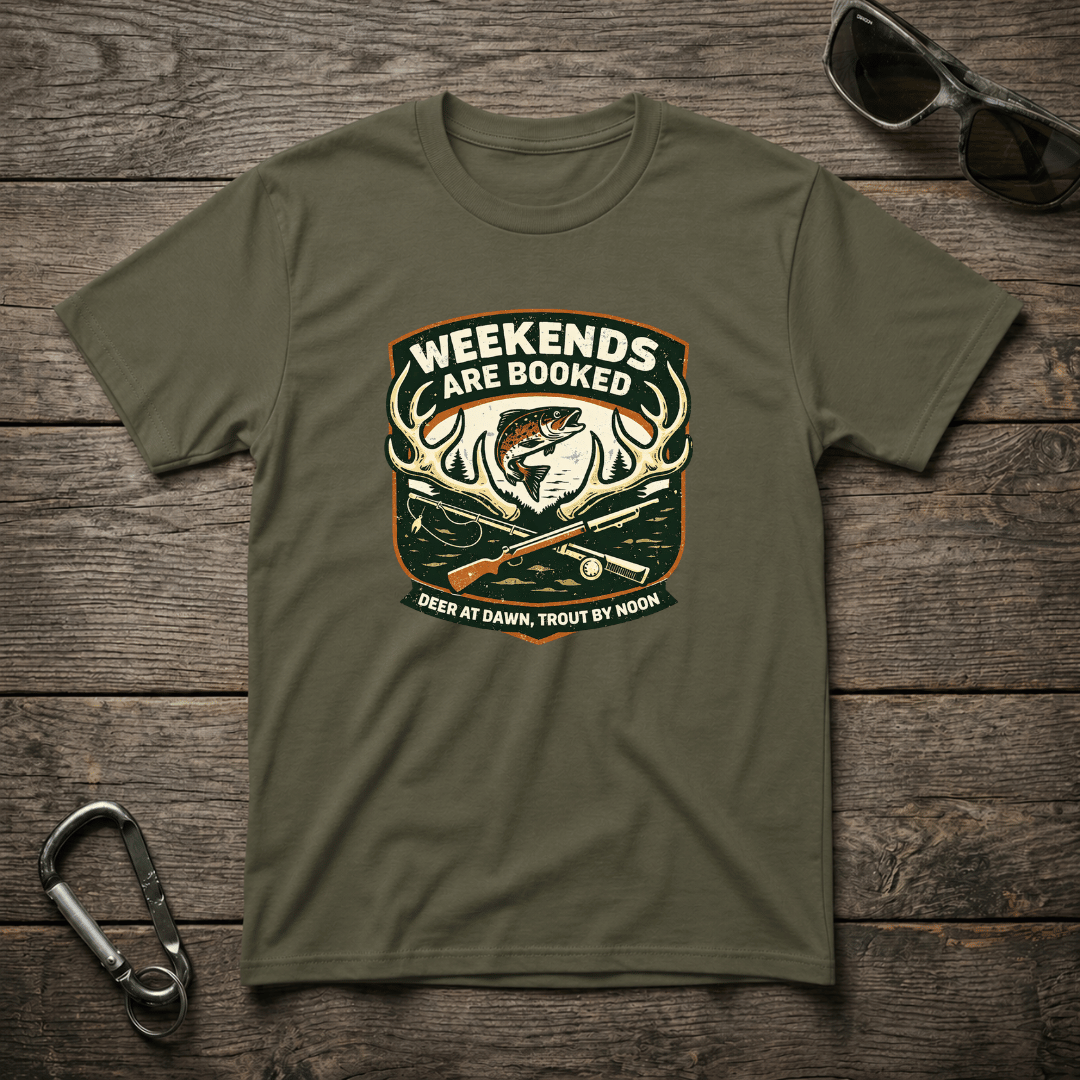 Military green graphic T-shirt from Designed For The Wild Co with "Weekends Are Booked Camping" text and outdoor-themed design.