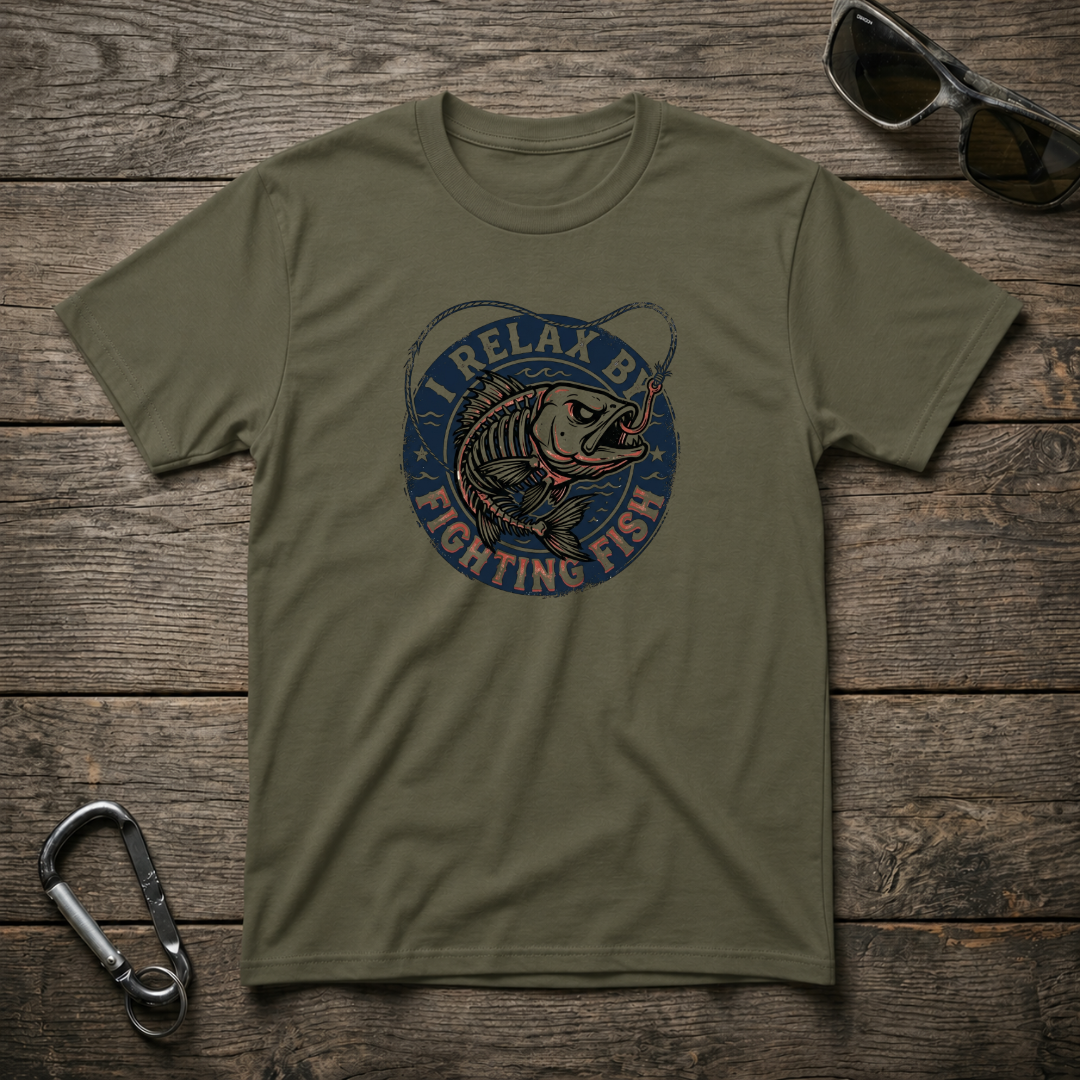 Military green I Relax By Fighting Fish heavyweight graphic T-shirt by Designed For The Wild Co featuring a fighting fish illustration.