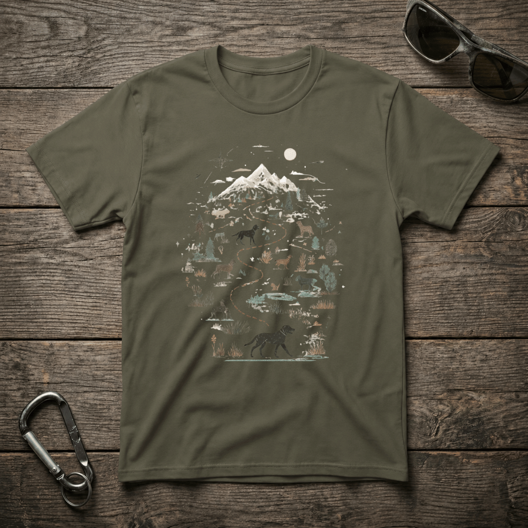 Military green Wild Dog Trail Softstyle graphic T-shirt by Designed For The Wild Co, featuring a detailed dog graphic on the front.