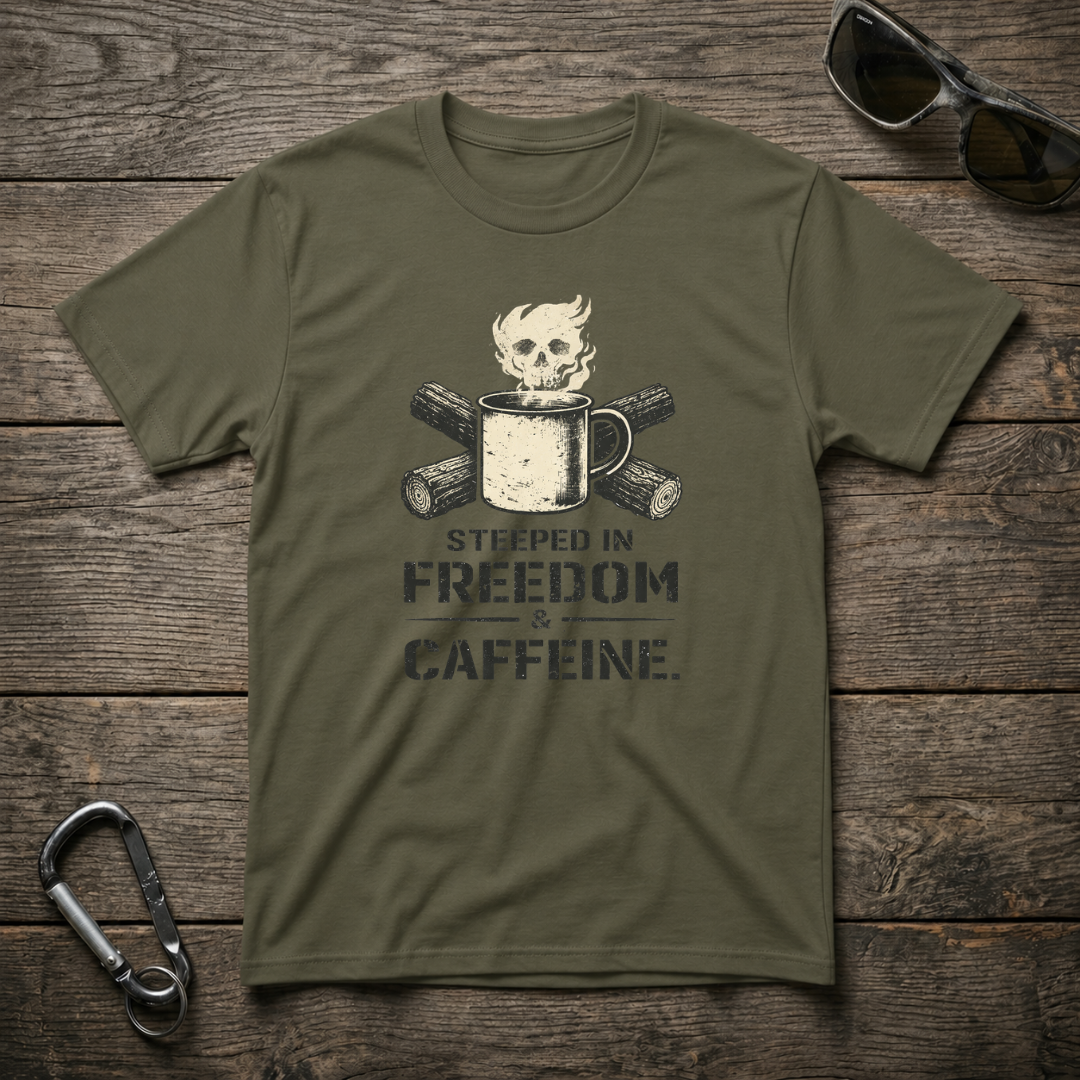 Military green graphic heavyweight T-shirt by Designed For The Wild Co with "Steeped In Freedom & Caffeine" print.