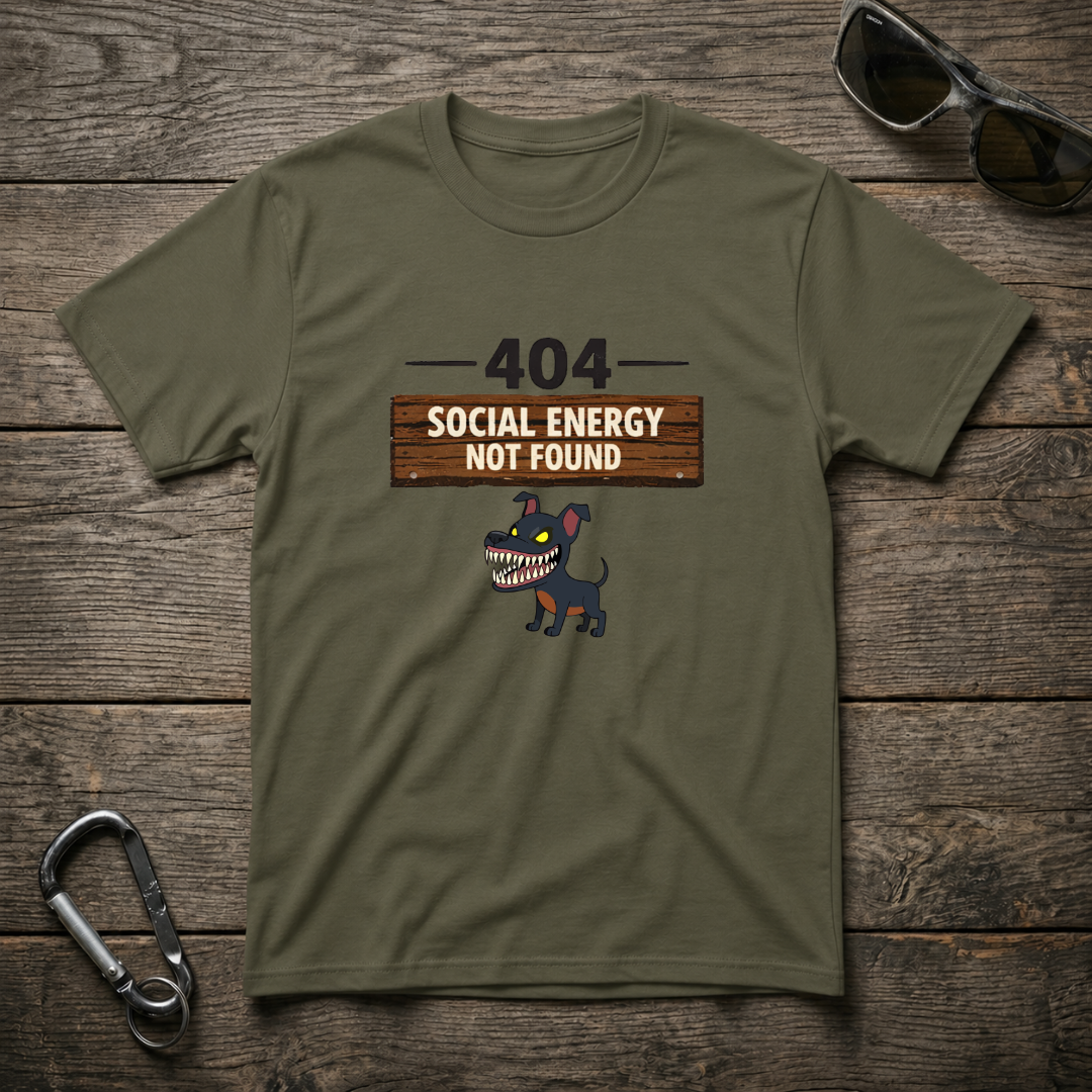 Military green heavyweight graphic T-shirt by Designed For The Wild Co featuring bold energy not found design on front.