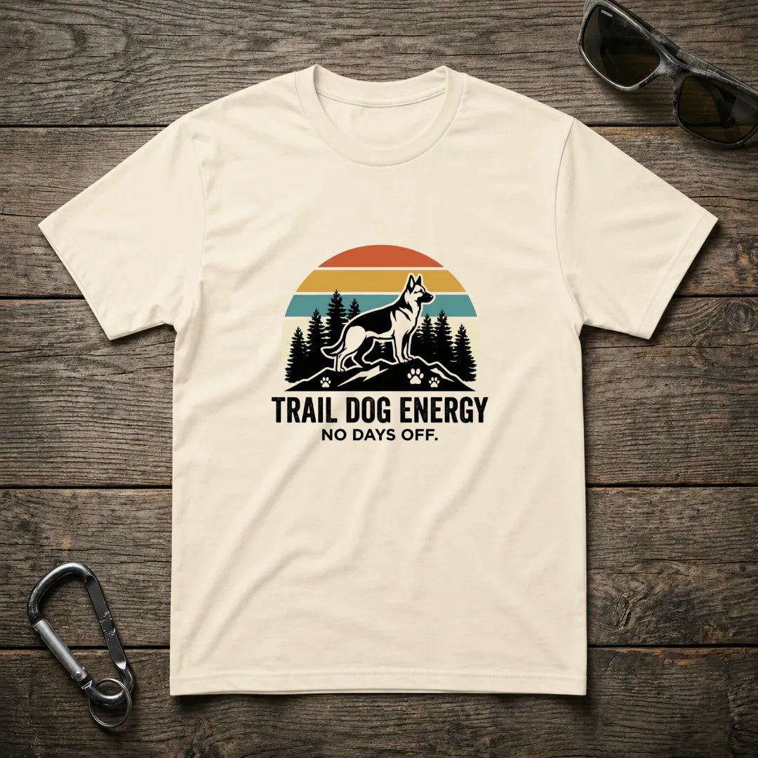 Trail Dog Energy heavyweight graphic T-shirt by Designed For The Wild Co, featuring a natural outdoor-themed design on soft fabric.