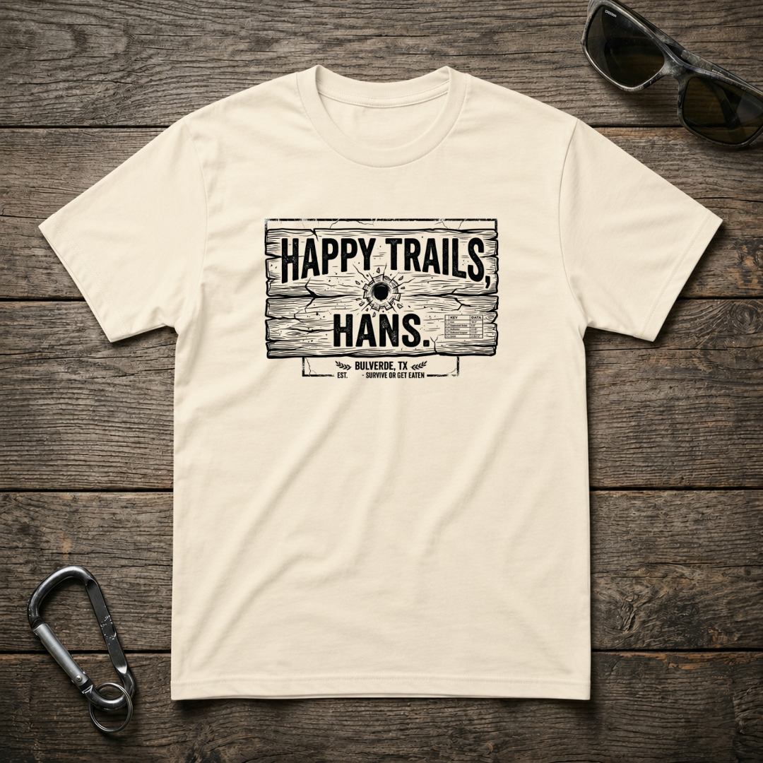 Happy Trails Hans heavyweight graphic T-shirt by Designed For The Wild Co, featuring a natural outdoor scene on rugged fabric.