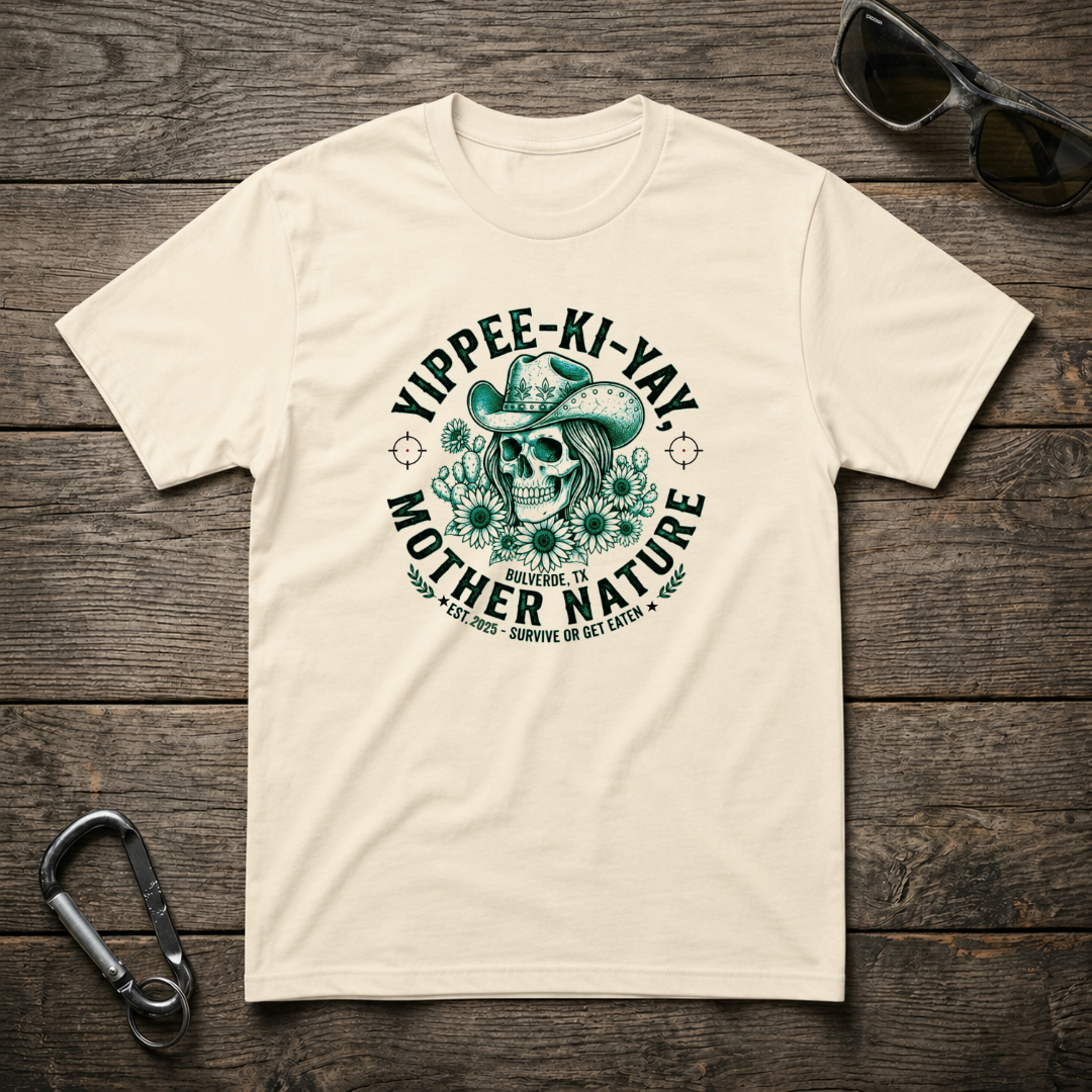 Yippee-Ki-YAY Mother Nature graphic heavyweight T-shirt by Designed For The Wild Co featuring nature-themed design on natural fabric.