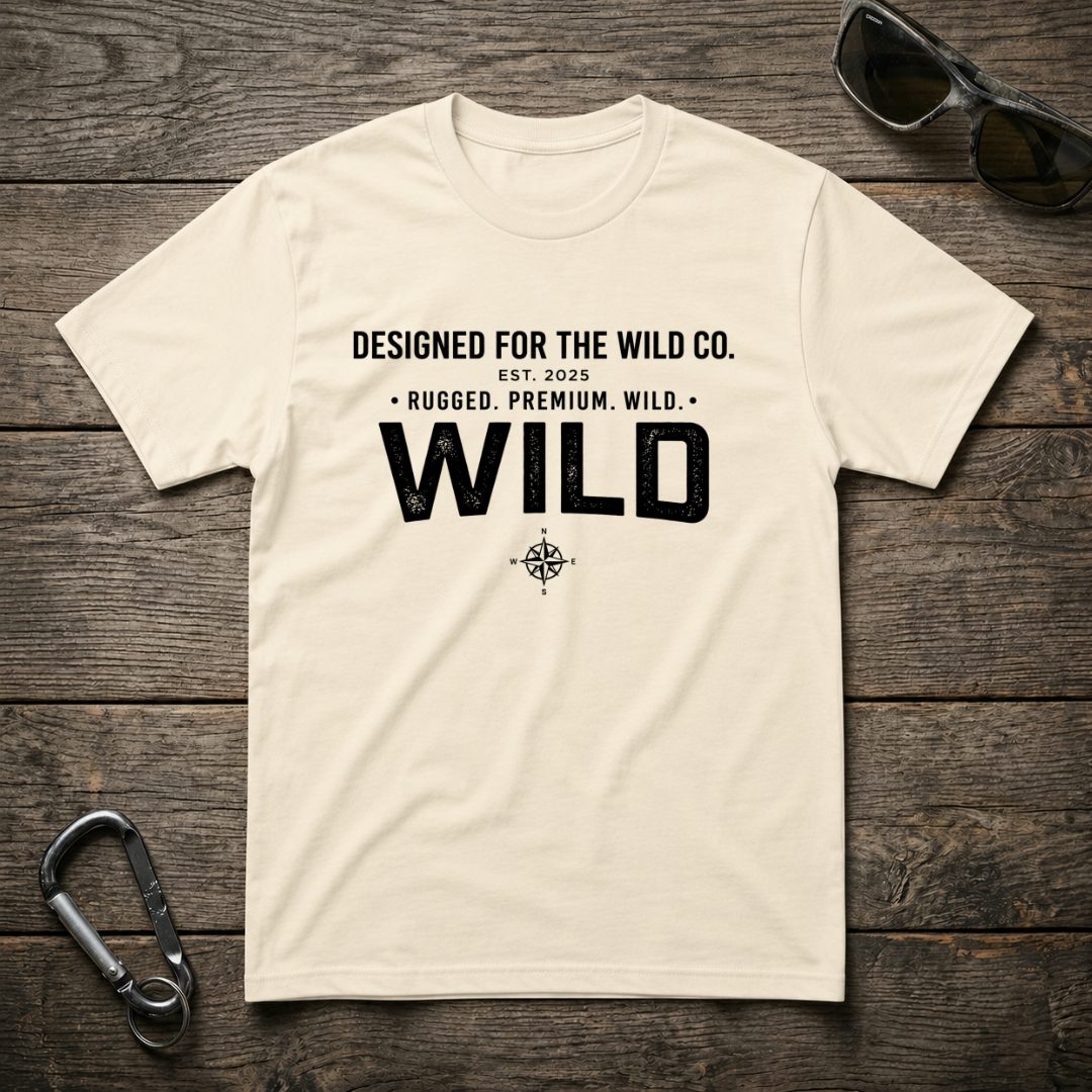 Designed For The Wild Co. logo heavyweight graphic T-shirt with a natural background and bold logo design.