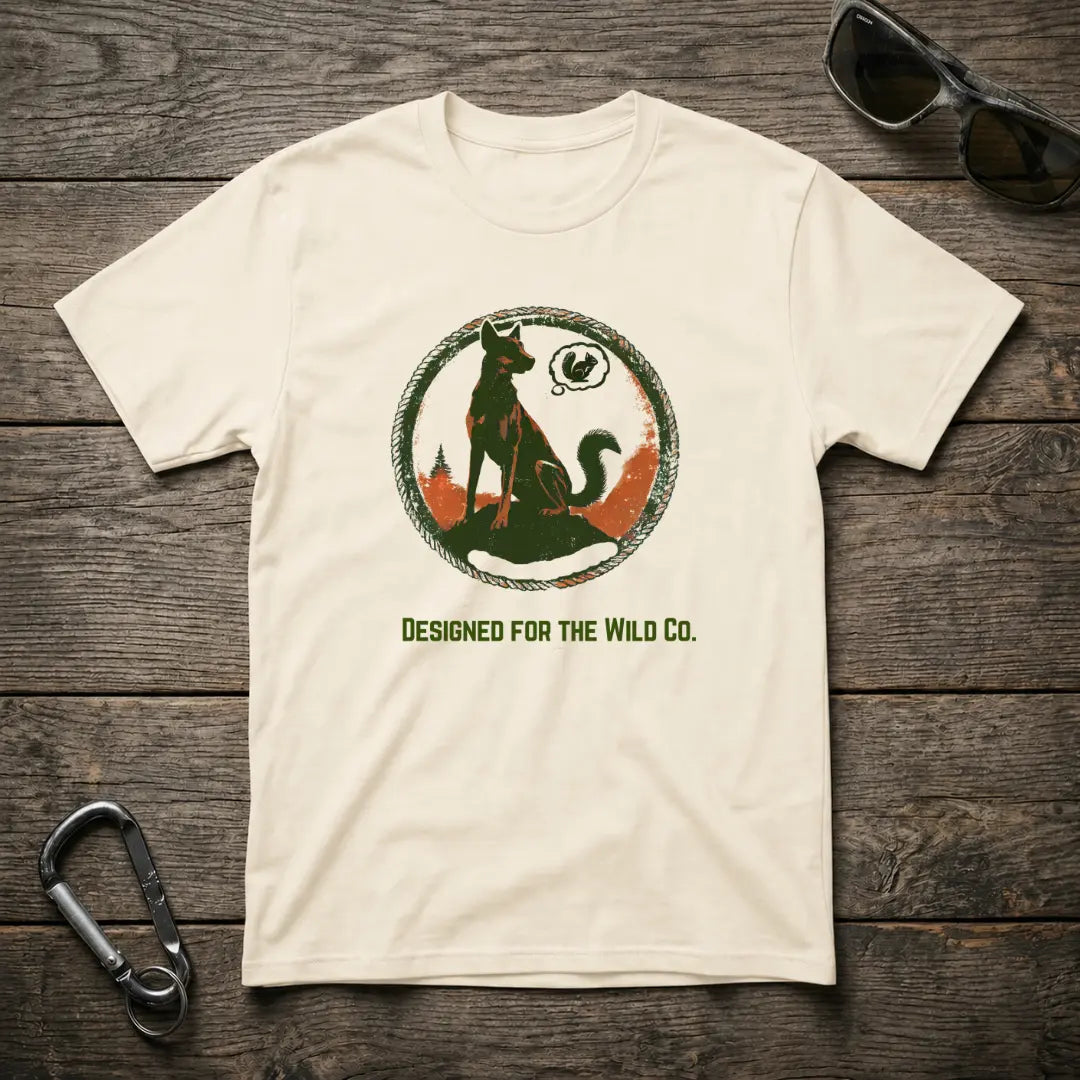 Graphic squirrel dog T-shirt by Designed For The Wild Co, featuring a natural-colored garment-dyed fabric and detailed squirrel illustration.