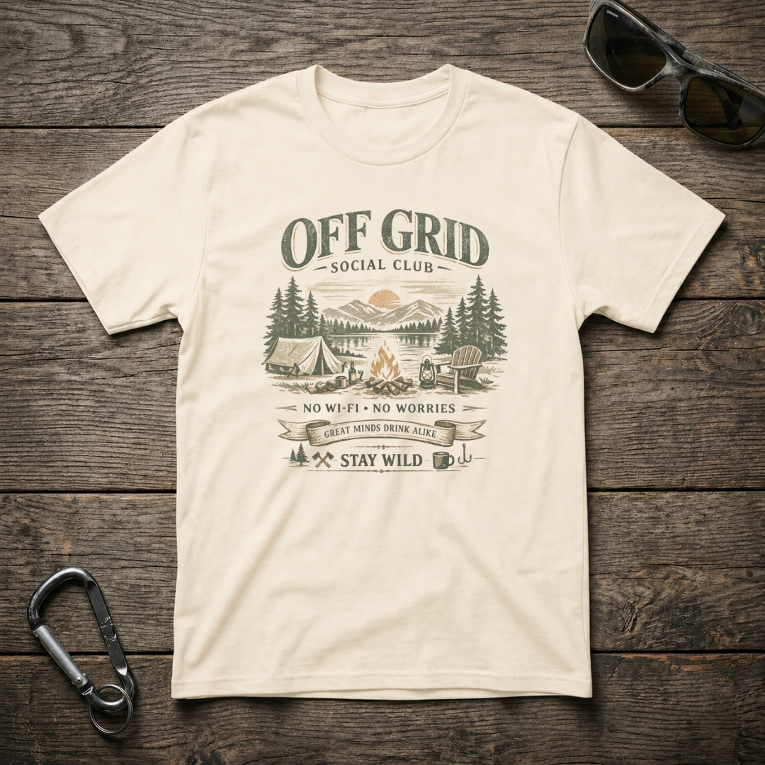 Off-Grid Social Camping graphic T-shirt by Designed For The Wild Co featuring outdoor-themed artwork on soft cotton fabric