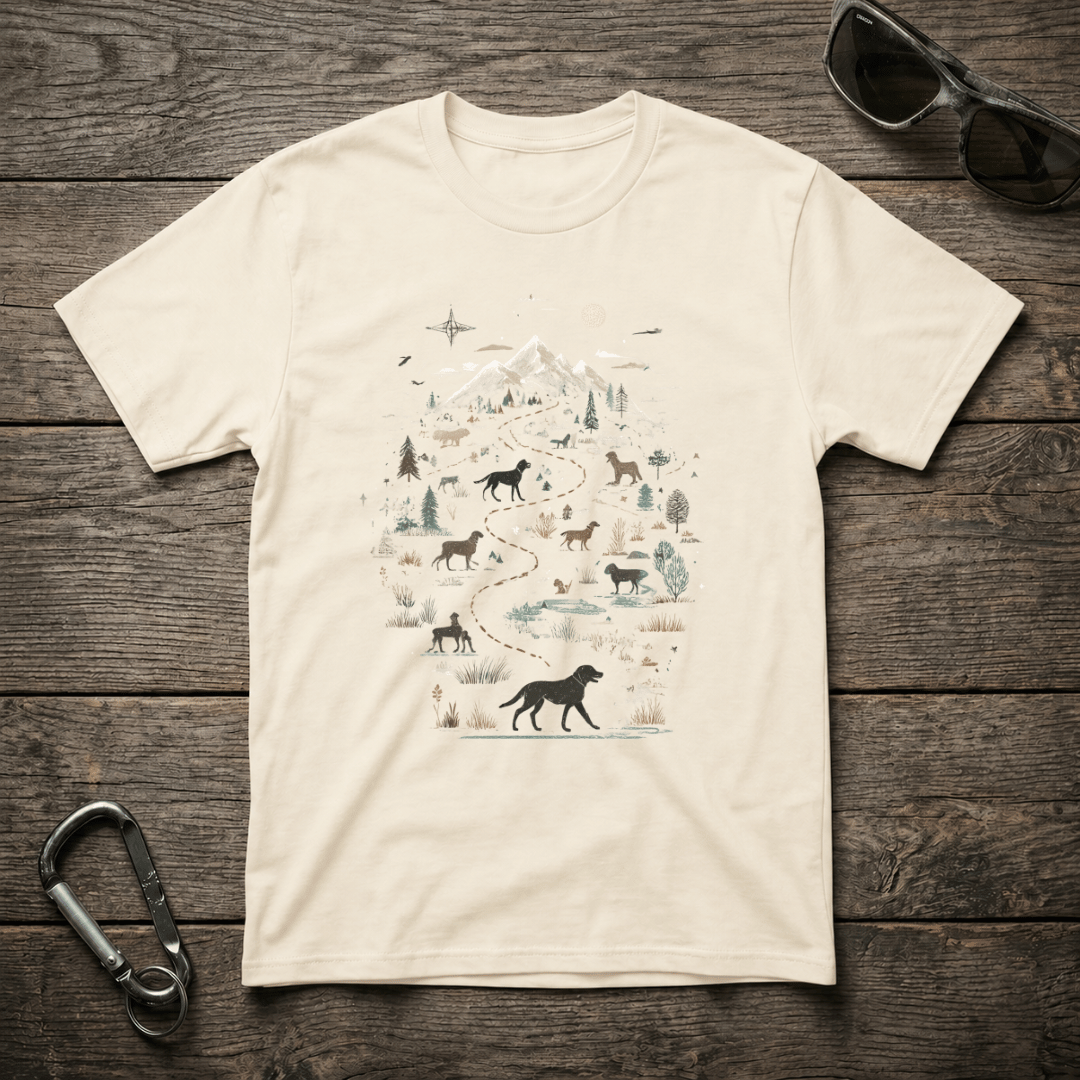 Wild Dog Trail graphic T-shirt by Designed For The Wild Co featuring a nature-inspired design on a soft, comfortable shirt.