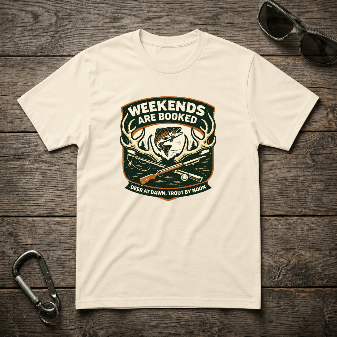Graphic T-Shirt featuring "Weekends Are Booked Camping" design by Designed For The Wild Co, showcasing outdoor adventure theme.