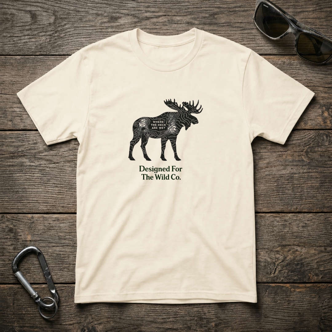 Moose Trail Badge graphic T-shirt by Designed For The Wild Co featuring a nature-inspired moose trail design on soft cotton fabric