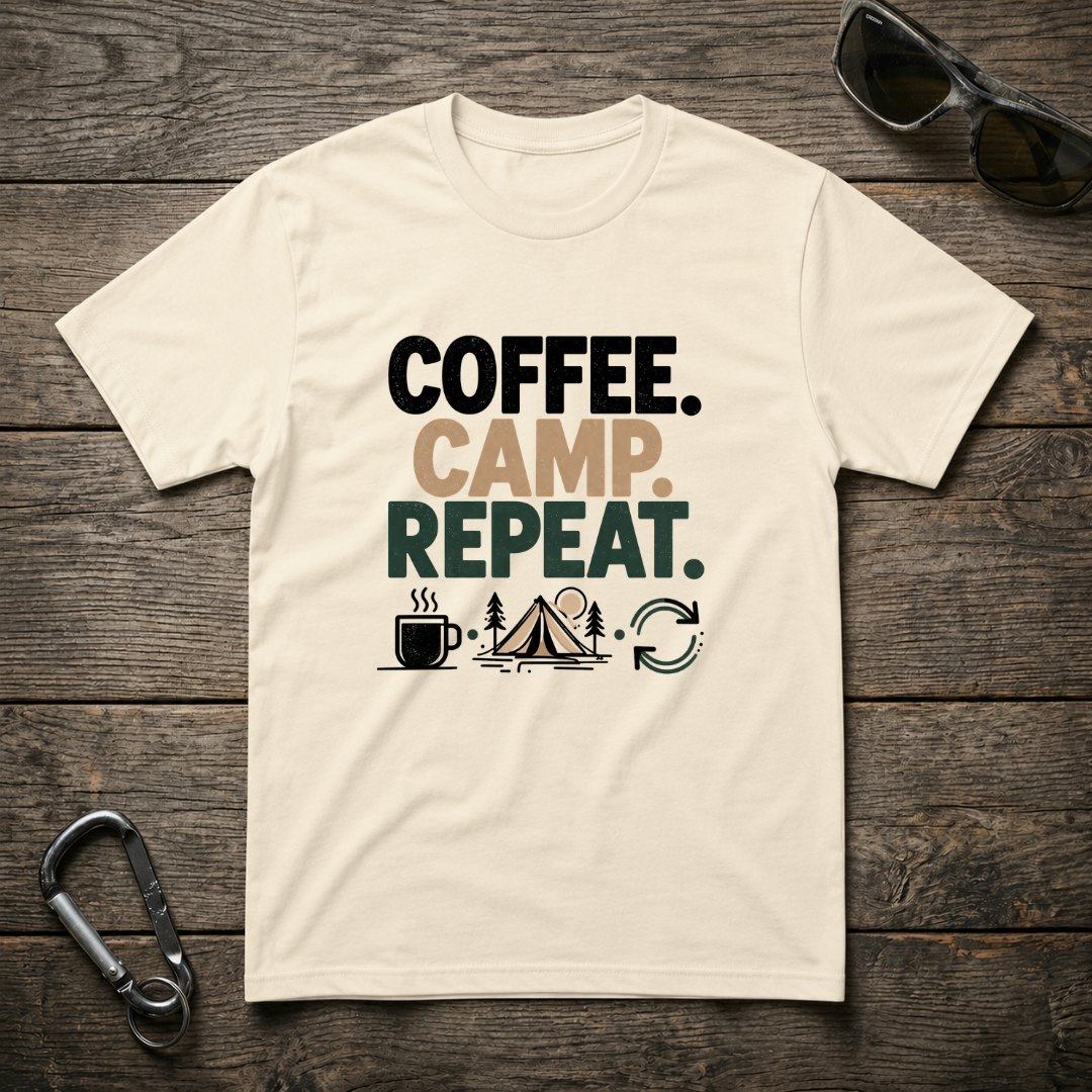 Graphic T-shirt featuring "Camp. Coffee. Repeat." design by Designed For The Wild Co, with natural outdoor scene on lightweight fabric.