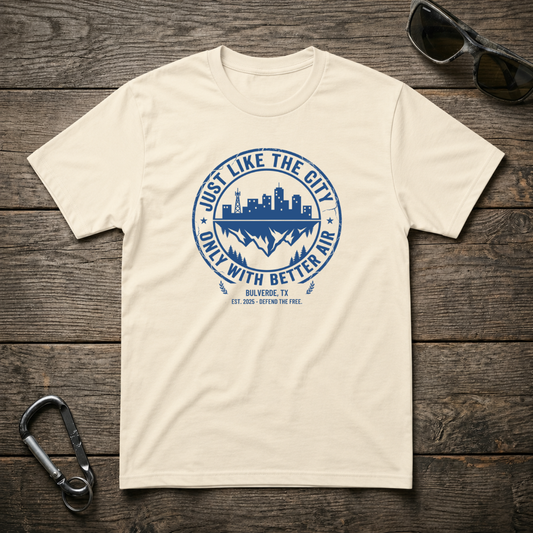 Just Like The City heavyweight graphic T-shirt by Designed For The Wild Co, featuring urban-inspired design on a natural background.