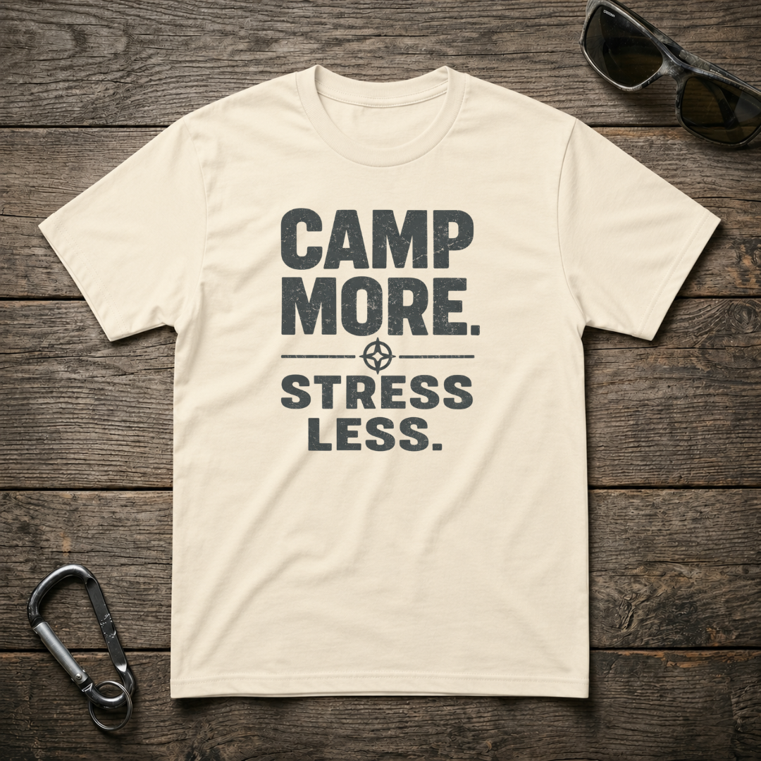 Designed For The Wild Co heavy-weight graphic T-shirt with "Camp More, Stress Less" slogan in natural fabric and outdoor-inspired design.