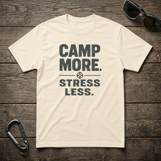 Designed For The Wild Co heavy-weight graphic T-shirt with "Camp More, Stress Less" slogan in natural fabric and outdoor-inspired design.