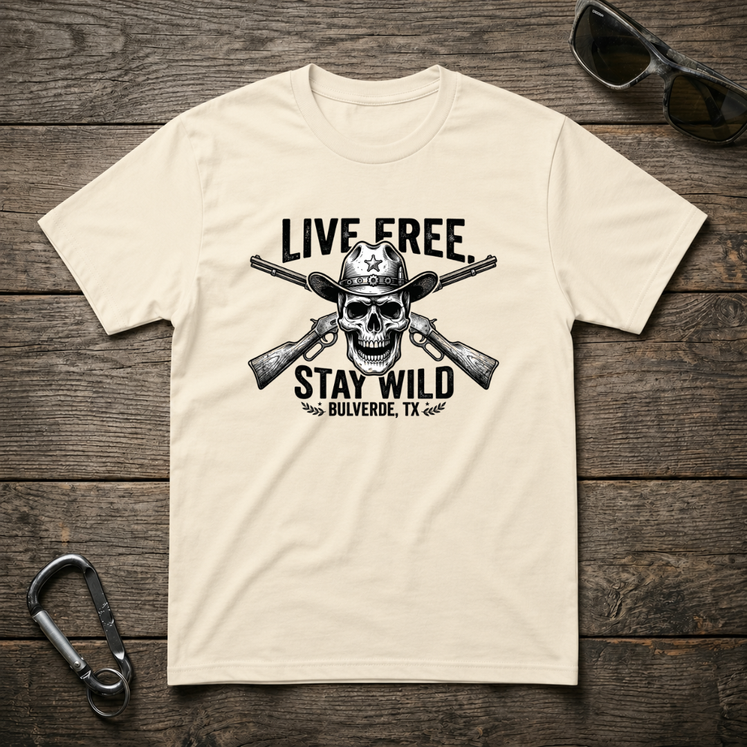 Designed For The Wild Co heavyweight graphic T-shirt featuring "Live Free Stay Wild" design in natural colors.