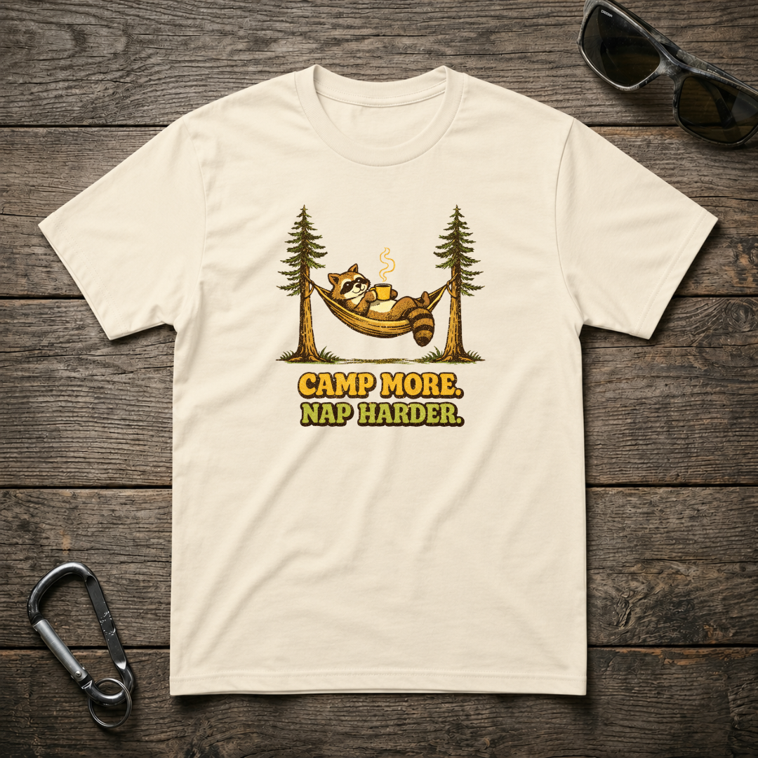 Designed For The Wild Co Camp More Nap Harder heavyweight graphic T-shirt with outdoor camping design on natural-colored fabric