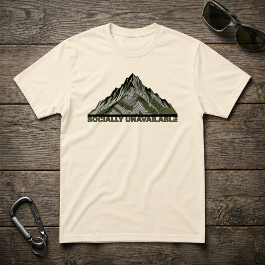 Designed For The Wild Co heavyweight graphic T-shirt featuring the "Socially Unavailable" design in natural tones.