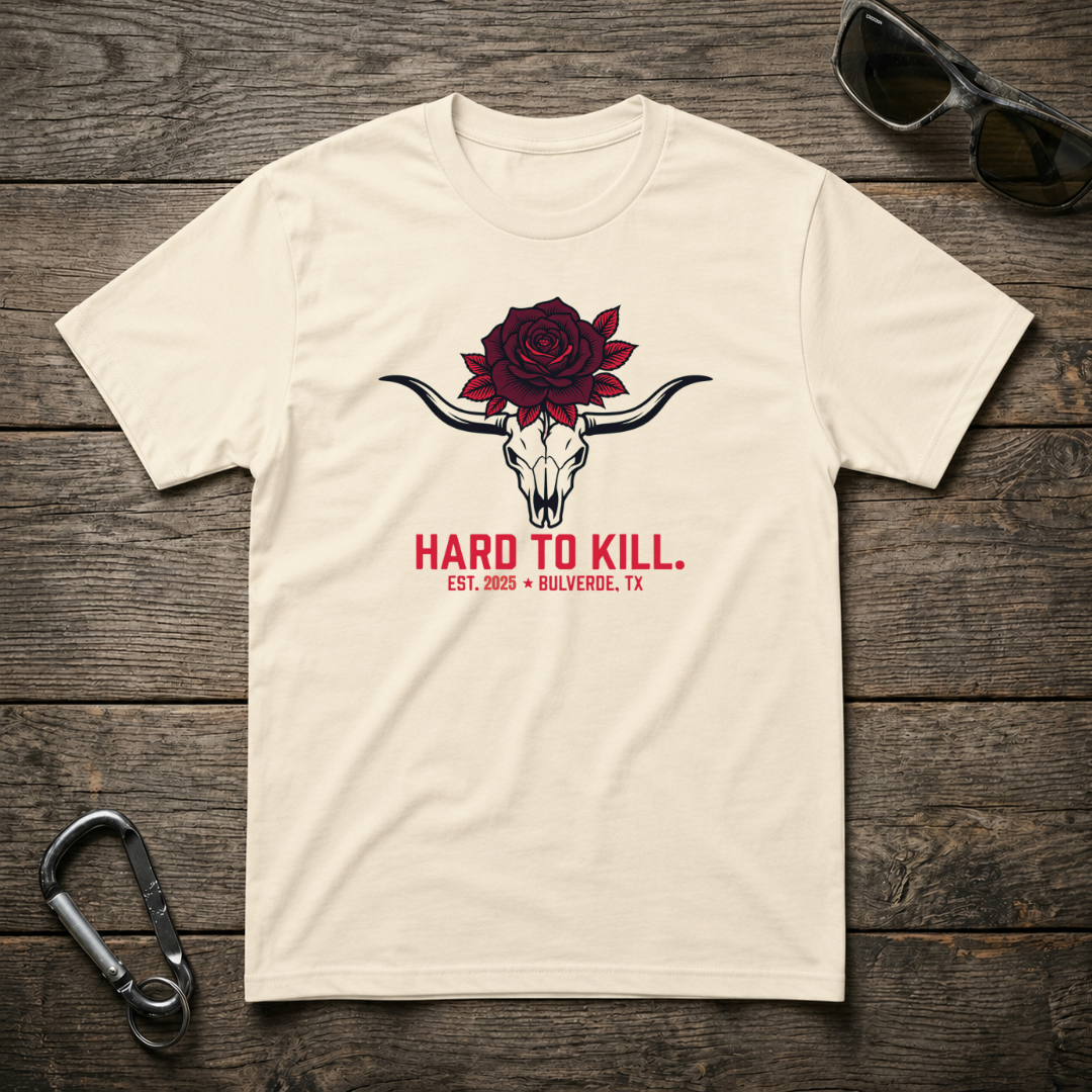 Designed For The Wild Co Hard To Kill Long Horn Skull graphic T-shirt featuring a bold longhorn skull design on black fabric