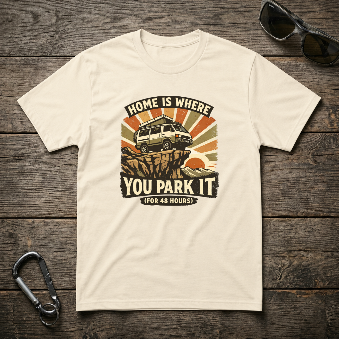 Gray graphic T-shirt from Designed For The Wild Co featuring "Home Is Where You Park It" design with car and nature elements.