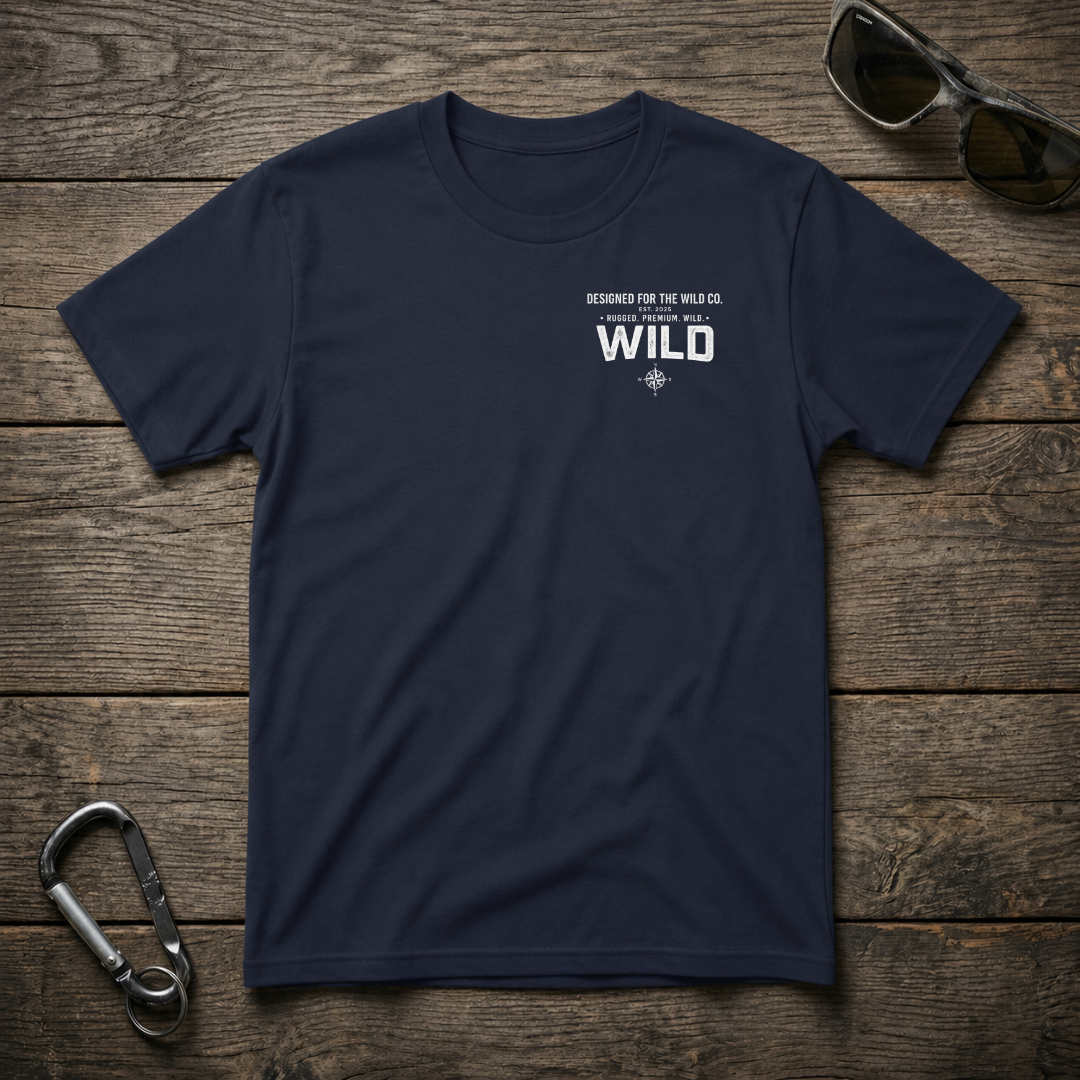 Navy graphic heavyweight T-shirt from Designed For The Wild Co featuring wild animal illustrations and bold design details.