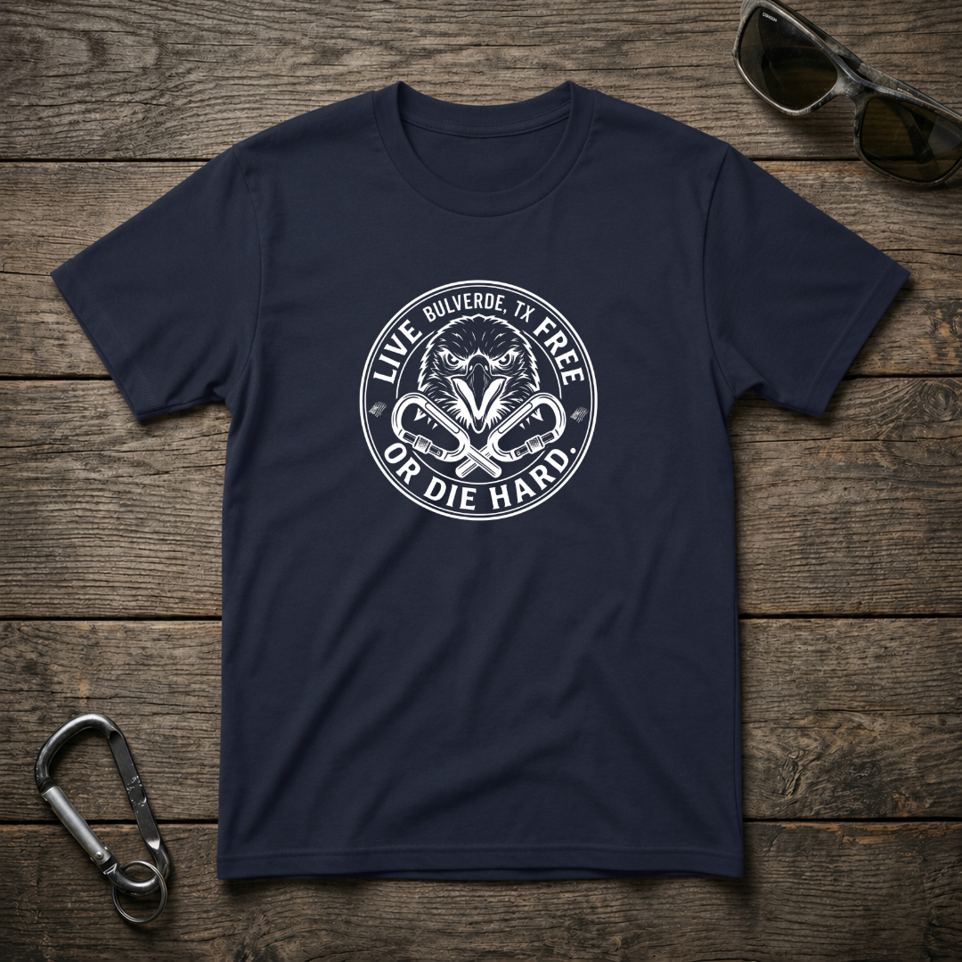Navy graphic T-shirt by Designed For The Wild Co featuring "Live Free Or Die Hard" text and bold design.