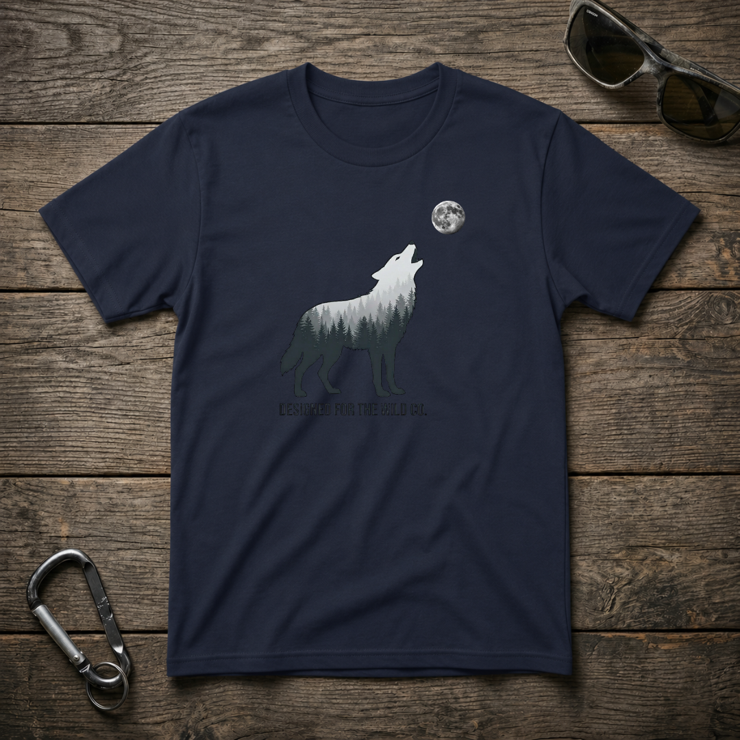 Navy graphic T-shirt by Designed For The Wild Co featuring a wild wolf trail design on heavyweight cotton fabric.