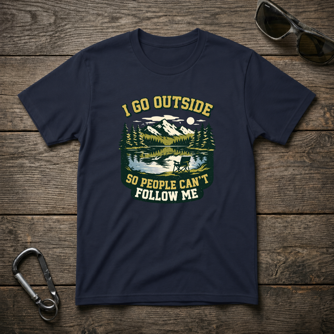 Navy I Go Outside heavyweight graphic T-shirt by Designed For The Wild Co, featuring outdoor-themed artwork on front.