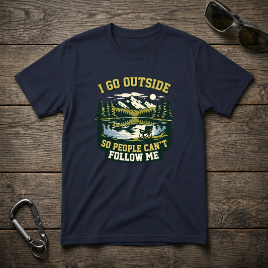 Navy I Go Outside heavyweight graphic T-shirt by Designed For The Wild Co, featuring outdoor-themed artwork on front.