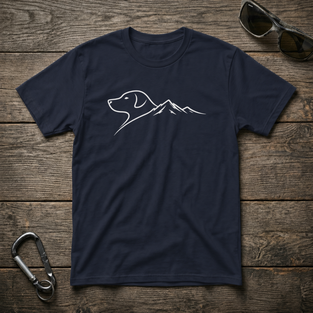 Navy graphic T-shirt for dogs and mountain trails by Designed For The Wild Co, featuring outdoor adventure-inspired design.